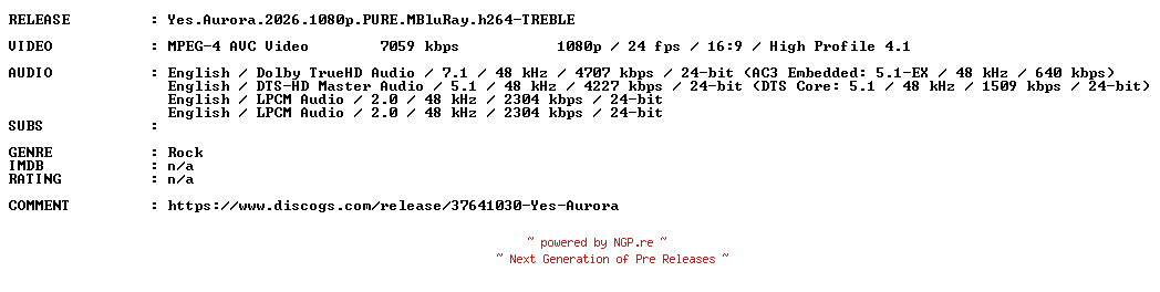 NFO for the release Yes.Aurora.2026.1080p.PURE.MBluRay.h264-TREBLE by TREBLE