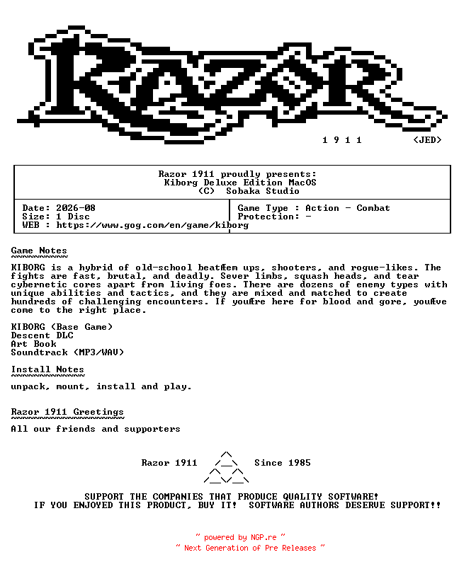 NFO for the release Kiborg_Deluxe_Edition_MacOS-Razor1911 by Razor1911