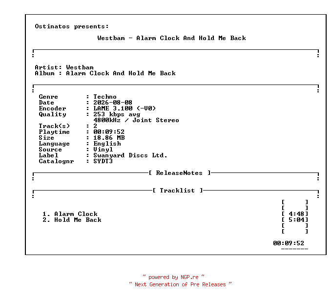 NFO for the release Westbam-Alarm_Clock_and_Hold_Me_Back-(SYDT3)-VINYL-1990-OTTS by OTTS