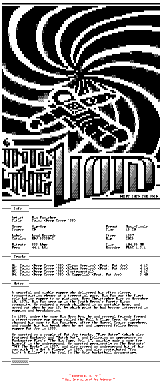 NFO for the release Big_Punisher-Twinz_(Deep_Cover_98)-Promo-CDM-FLAC-1997-THEVOiD by THEVOiD