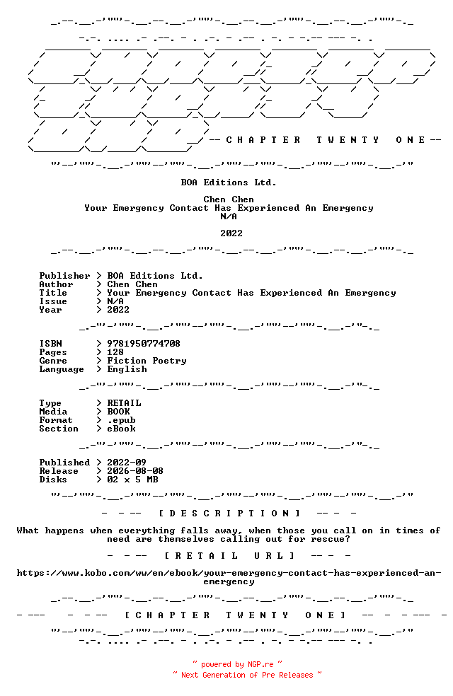 NFO for the release Chen.Chen.-.Your.Emergency.Contact.Has.Experienced.An.Emergency.2022.RETAIL.EPUB.eBook-CTO by CTO