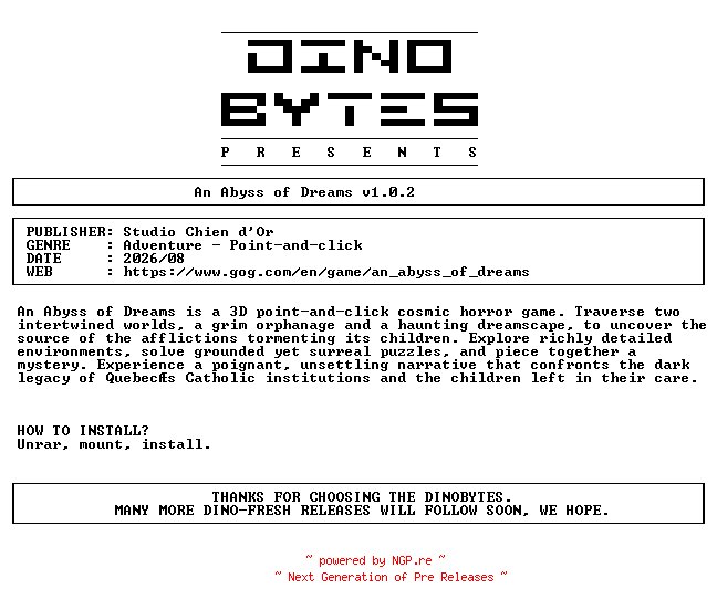 NFO for the release An_Abyss_of_Dreams_v1.0.2-DINOByTES by DINOByTES