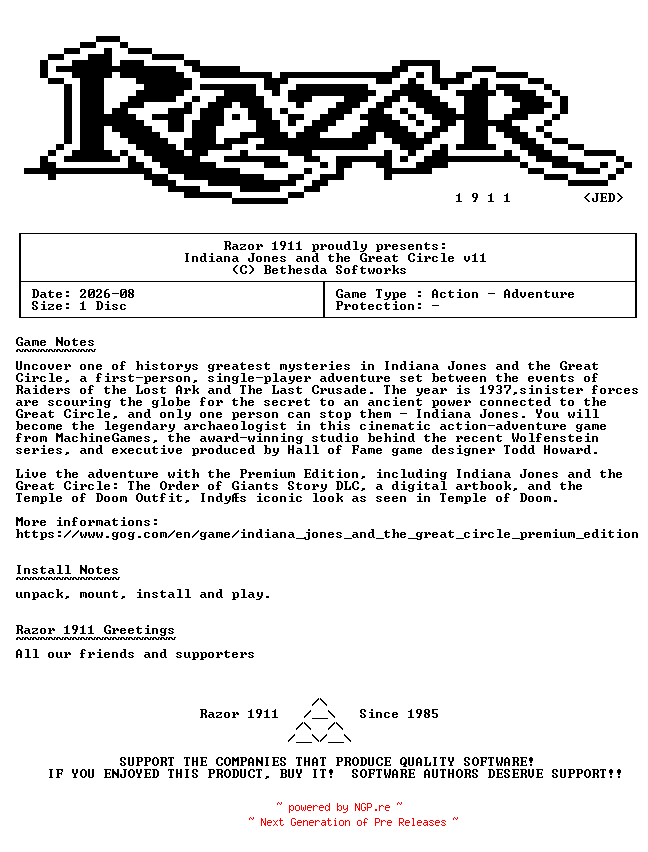 NFO for the release Indiana_Jones_and_the_Great_Circle_v11-Razor1911 by Razor1911