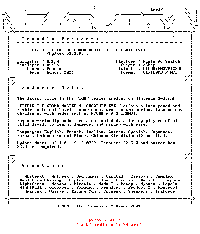 NFO for the release TETRIS_THE_GRAND_MASTER_4_ABSOLUTE_EYE_Update_v2.3.0.1_NSW-VENOM by VENOM
