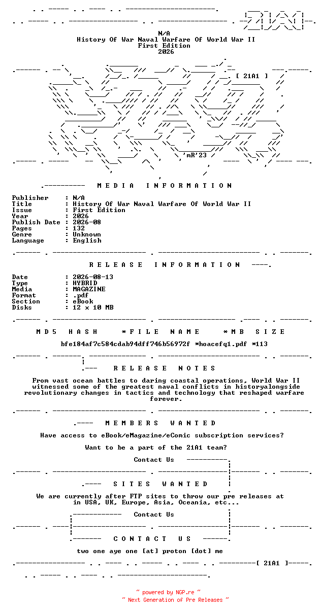 NFO for the release History.Of.War.Naval.Warfare.Of.World.War.II.First.Edition.2026.HYBRID.MAGAZINE.eBook-21A1 by 21A1