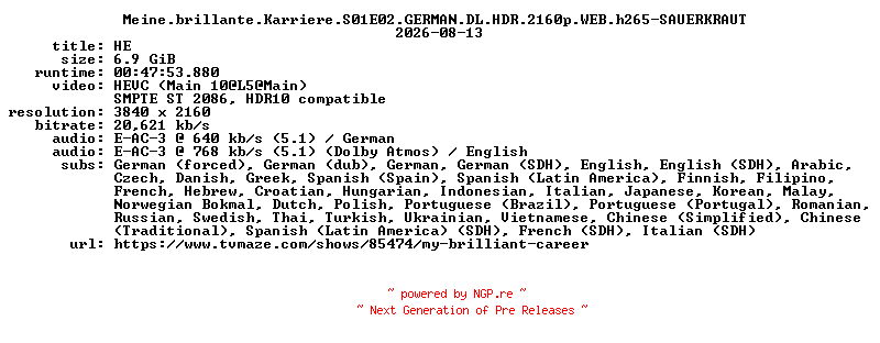 NFO for the release Meine.brillante.Karriere.S01E02.GERMAN.DL.HDR.2160p.WEB.h265-SAUERKRAUT by SAUERKRAUT