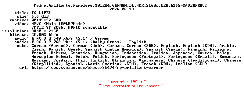 NFO for the release Meine.brillante.Karriere.S01E04.GERMAN.DL.HDR.2160p.WEB.h265-SAUERKRAUT by SAUERKRAUT