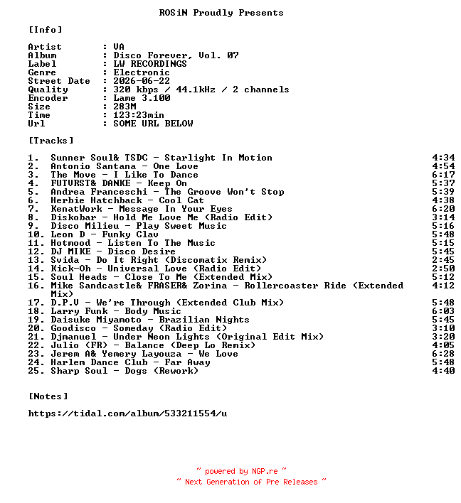 NFO for the release VA-Disco_Forever_Vol._07-WEB-2026-ROSiN by ROSiN