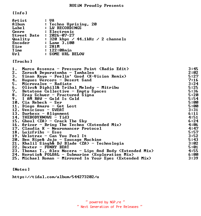 NFO for the release VA-Techno_Uprising_20-WEB-2026-ROSiN by ROSiN