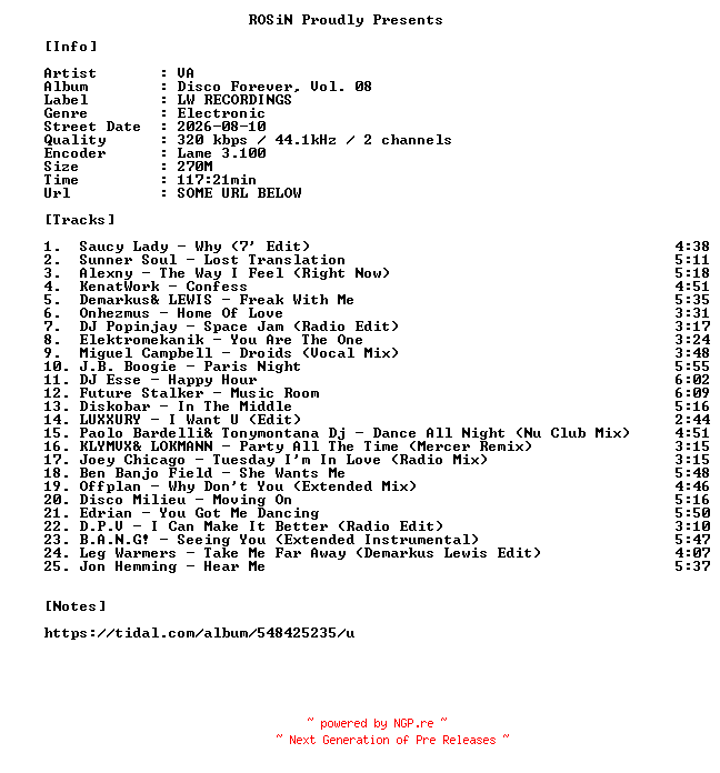 NFO for the release VA-Disco_Forever_Vol._08-WEB-2026-ROSiN by ROSiN