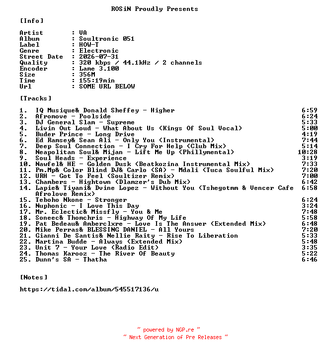 NFO for the release VA-Soultronic_051-WEB-2026-ROSiN by ROSiN