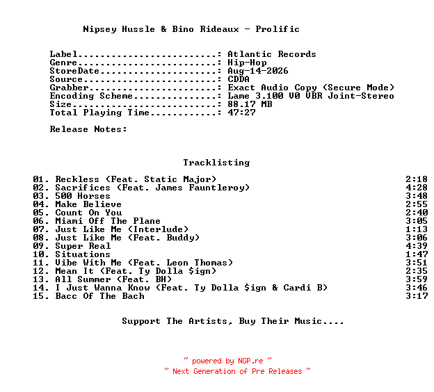 NFO for the release Nipsey_Hussle_And_Bino_Rideaux-Prolific-2026-C4 by C4