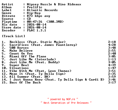 NFO for the release Nipsey_Hussle_And_Bino_Rideaux-Prolific-CD-FLAC-2026-PERFECT by PERFECT