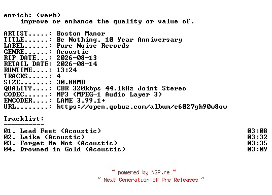 NFO for the release Boston_Manor-Be_Nothing._10_Year_Anniversary-EP-WEB-2026-ENRiCH by ENRiCH