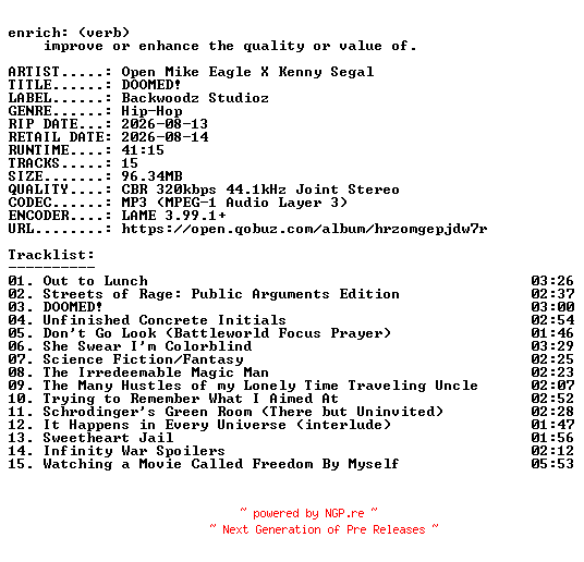 NFO for the release Open_Mike_Eagle_X_Kenny_Segal-DOOMED-WEB-2026-ENRiCH by ENRiCH