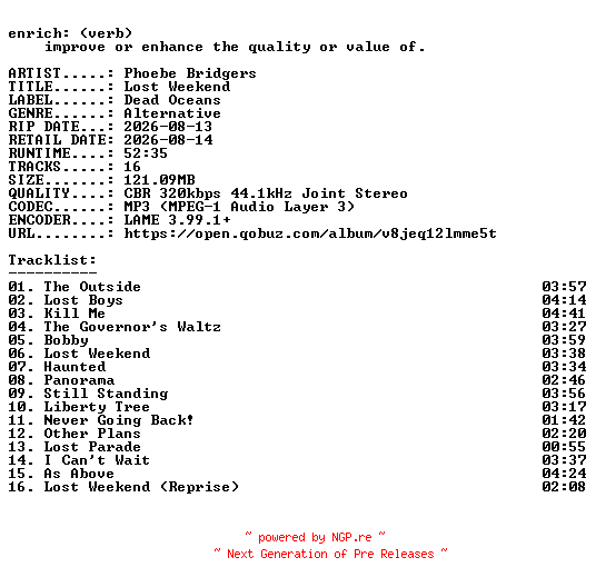 NFO for the release Phoebe_Bridgers-Lost_Weekend-WEB-2026-ENRiCH by ENRiCH