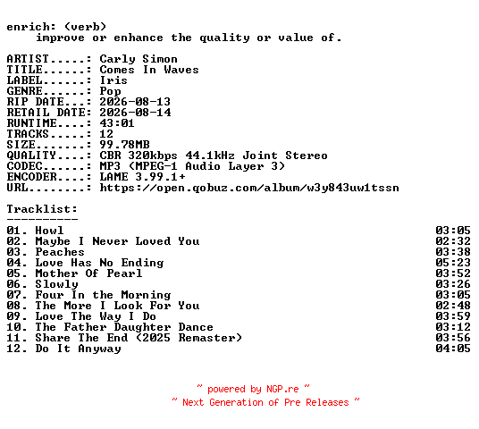 NFO for the release Carly_Simon-Comes_In_Waves-WEB-2026-ENRiCH by ENRiCH