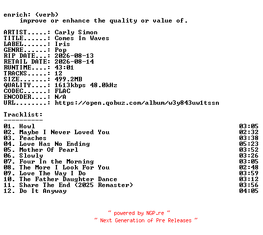 NFO for the release Carly_Simon-Comes_In_Waves-24BIT-WEB-FLAC-2026-ENRiCH by ENRiCH