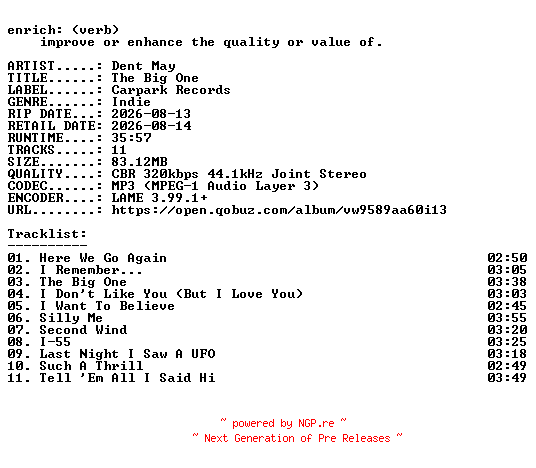 NFO for the release Dent_May-The_Big_One-WEB-2026-ENRiCH by ENRiCH