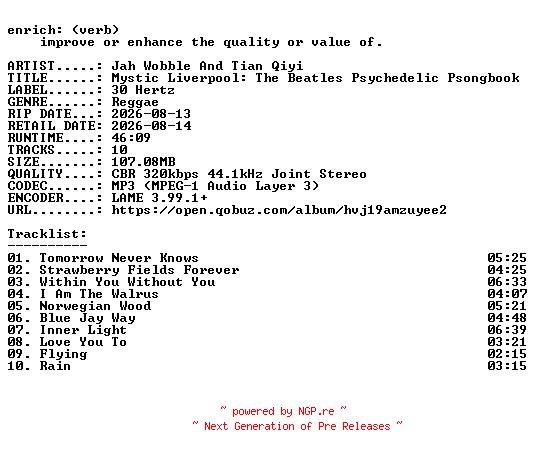 NFO for the release Jah_Wobble_And_Tian_Qiyi-Mystic_Liverpool_The_Beatles_Psychedelic_Psongbook-WEB-2026-ENRiCH by ENRiCH