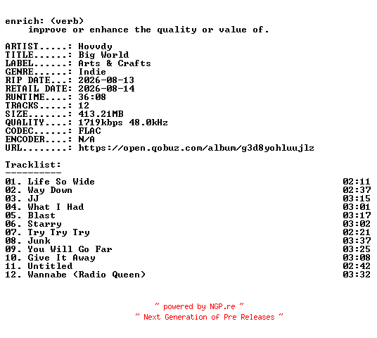 NFO for the release Hovvdy-Big_World-24BIT-WEB-FLAC-2026-ENRiCH by ENRiCH