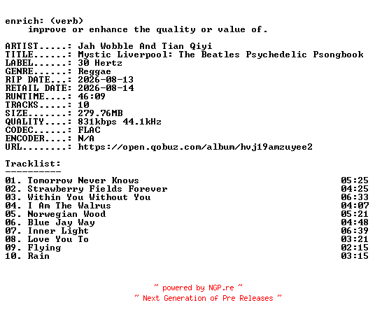 NFO for the release Jah_Wobble_And_Tian_Qiyi-Mystic_Liverpool_The_Beatles_Psychedelic_Psongbook-16BIT-WEB-FLAC-2026-ENRiCH by ENRiCH