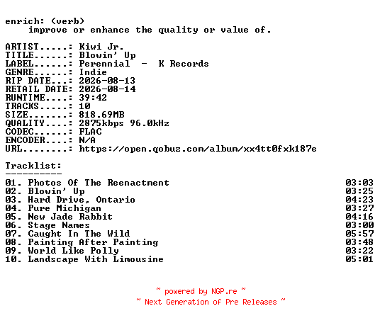 NFO for the release Kiwi_Jr.-Blowin_Up-24BIT-WEB-FLAC-2026-ENRiCH by ENRiCH