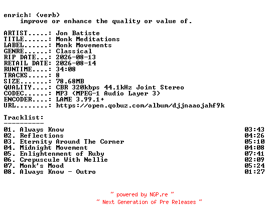NFO for the release Jon_Batiste-Monk_Meditations-WEB-2026-ENRiCH by ENRiCH