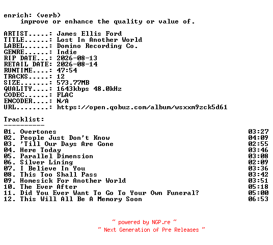 NFO for the release James_Ellis_Ford-Lost_In_Another_World-24BIT-WEB-FLAC-2026-ENRiCH by ENRiCH