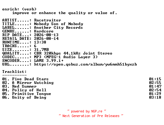 NFO for the release Racetraitor-Nobody_Son_of_Nobody-EP-WEB-2026-ENRiCH by ENRiCH