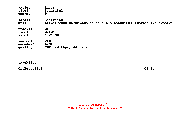 NFO for the release Lizot_-_Beautiful-SINGLE-WEB-2026-BITCOINS by BITCOINS