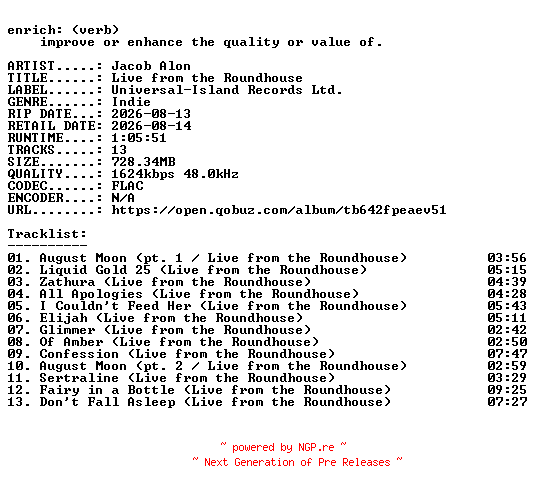 NFO for the release Jacob_Alon-Live_from_the_Roundhouse-24BIT-WEB-FLAC-2026-ENRiCH by ENRiCH