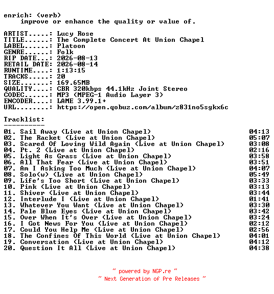 NFO for the release Lucy_Rose-The_Complete_Concert_At_Union_Chapel-WEB-2026-ENRiCH by ENRiCH
