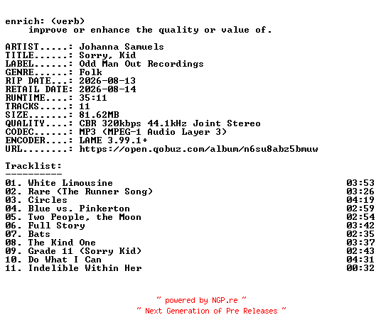 NFO for the release Johanna_Samuels-Sorry_Kid-WEB-2026-ENRiCH by ENRiCH