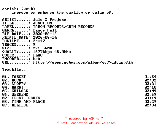 NFO for the release Juls_X_Projexx-JUNCTION-24BIT-WEB-FLAC-2026-ENRiCH by ENRiCH