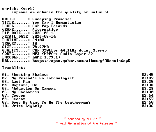 NFO for the release Sweeping_Promises-You_Say_I_Romanticize-WEB-2026-ENRiCH by ENRiCH