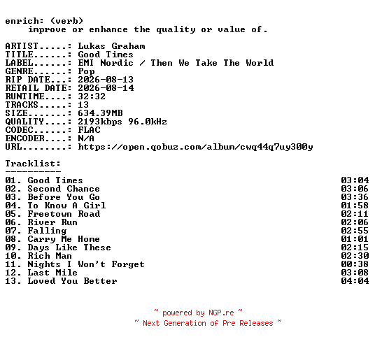 NFO for the release Lukas_Graham-Good_Times-24BIT-WEB-FLAC-2026-ENRiCH by ENRiCH