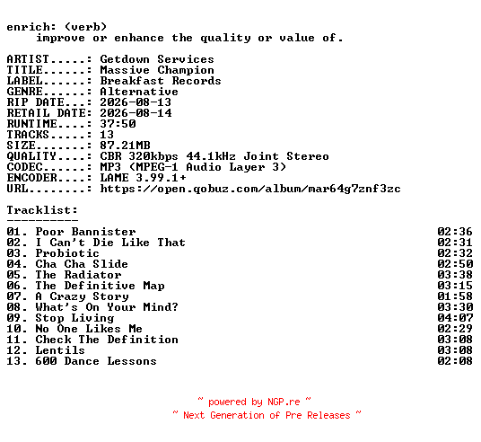 NFO for the release Getdown_Services-Massive_Champion-WEB-2026-ENRiCH by ENRiCH