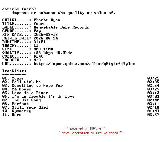 NFO for the release Phoebe_Ryan-Yours-24BIT-WEB-FLAC-2026-ENRiCH by ENRiCH