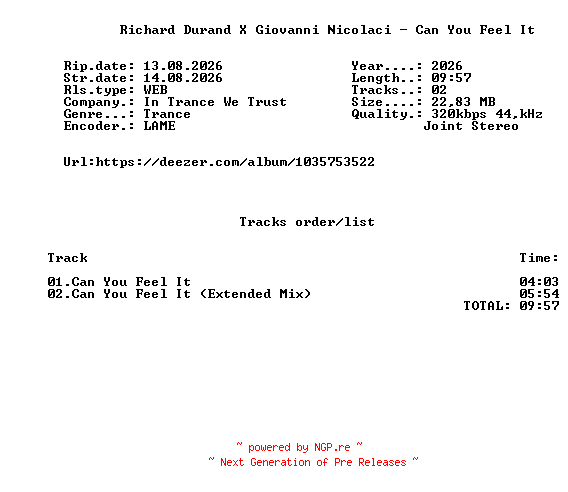 NFO for the release Richard_Durand_X_Giovanni_Nicolaci_-_Can_You_Feel_It-(ITWT864-0)-WEB-2026-FMC by FMC