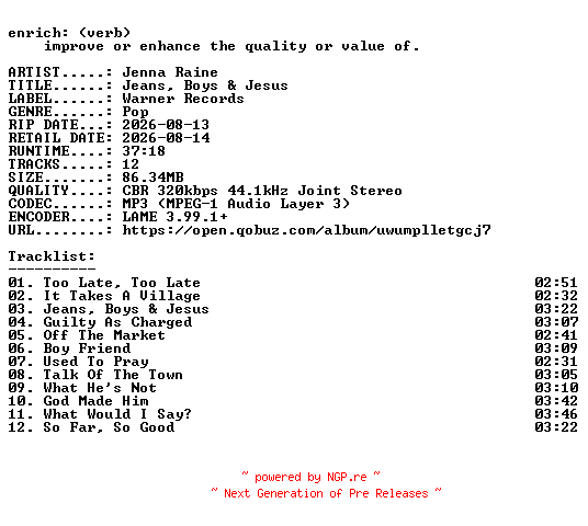 NFO for the release Jenna_Raine-Jeans_Boys_and_Jesus-WEB-2026-ENRiCH by ENRiCH