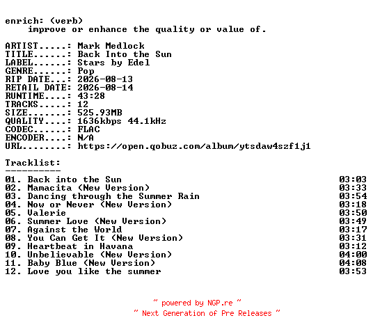 NFO for the release Mark_Medlock-Back_Into_the_Sun-24BIT-WEB-FLAC-2026-ENRiCH by ENRiCH