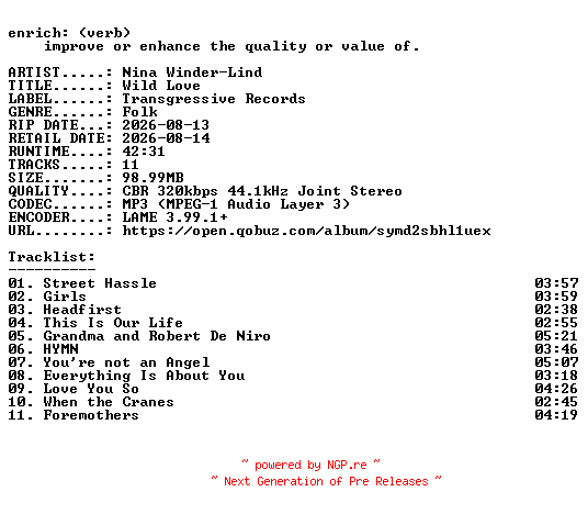 NFO for the release Nina_Winder-Lind-Wild_Love-WEB-2026-ENRiCH by ENRiCH