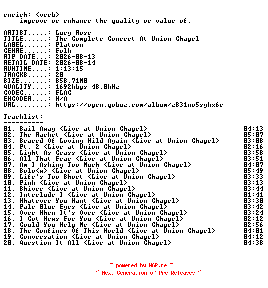 NFO for the release Lucy_Rose-The_Complete_Concert_At_Union_Chapel-24BIT-WEB-FLAC-2026-ENRiCH by ENRiCH