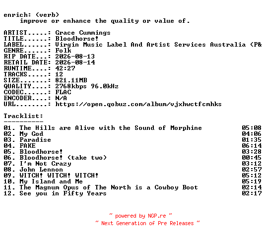 NFO for the release Grace_Cummings-Bloodhorse-24BIT-WEB-FLAC-2026-ENRiCH by ENRiCH