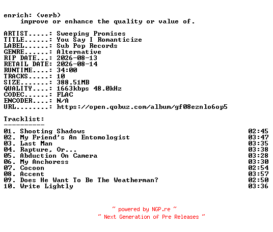 NFO for the release Sweeping_Promises-You_Say_I_Romanticize-24BIT-WEB-FLAC-2026-ENRiCH by ENRiCH