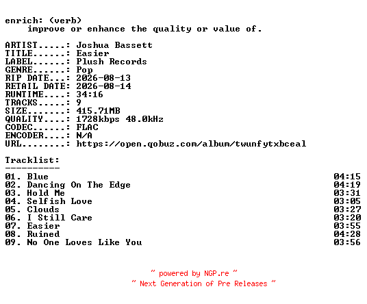 NFO for the release Joshua_Bassett-Easier-24BIT-WEB-FLAC-2026-ENRiCH by ENRiCH
