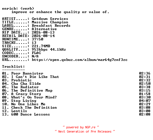 NFO for the release Getdown_Services-Massive_Champion-16BIT-WEB-FLAC-2026-ENRiCH by ENRiCH