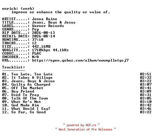 NFO for the release Jenna_Raine-Jeans_Boys_and_Jesus-24BIT-WEB-FLAC-2026-ENRiCH by ENRiCH