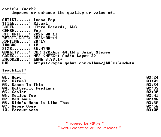 NFO for the release Icona_Pop-Ritual-WEB-2026-ENRiCH by ENRiCH